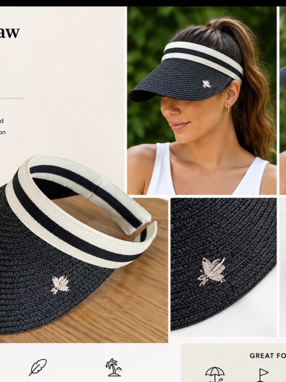 Black Straw Visor with Cream & Black Band